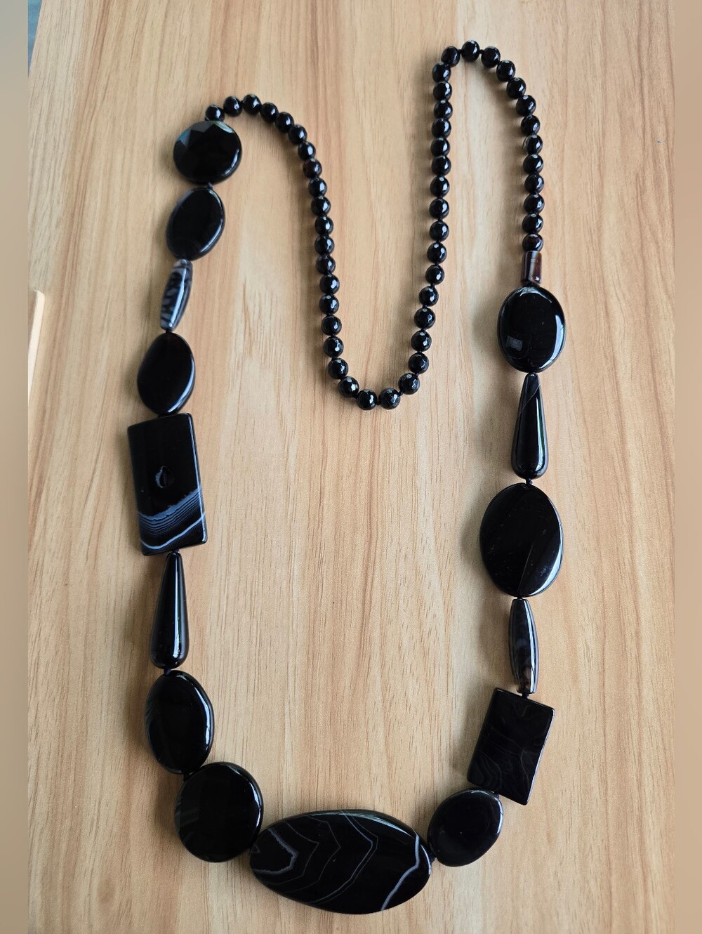 Natural Black Banded Agate Long Statement Necklace Mixed-Shape Beads Inclusions